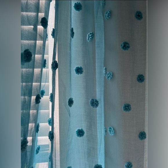 Anthropologie Teal Pom Pom Curtain Panels (2) - Picture 6 of 6